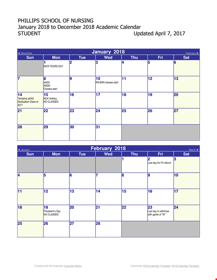 student academic calendar template