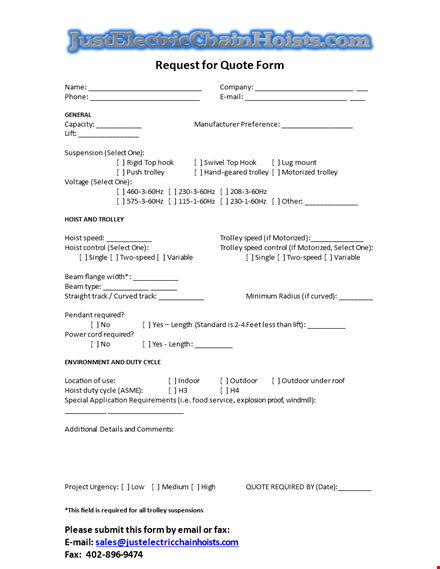 get your request for quote today: high-speed trolley hoist template
