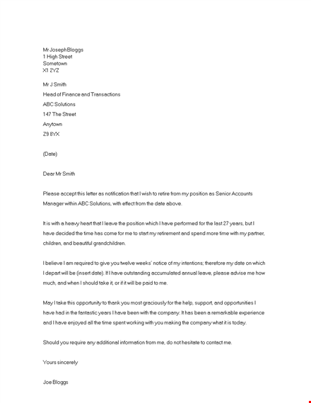standard retirement resignation letter template