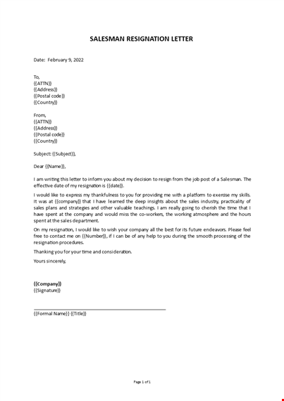 salesman resignation letter template