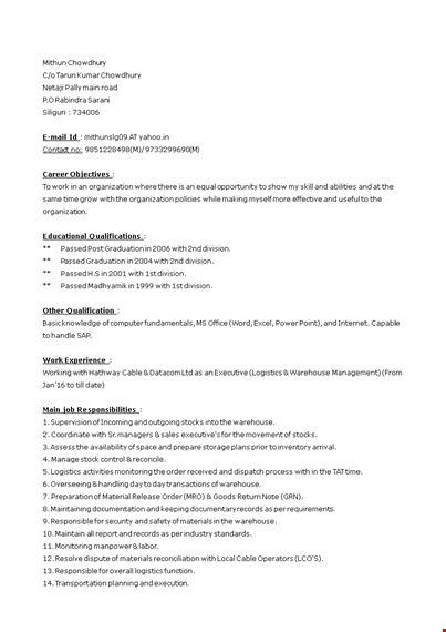 store manager resume - logistics, warehouse division | maintaining standards | passed the test template