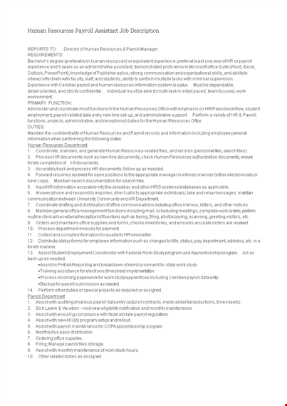 human resources payroll assistant job description template