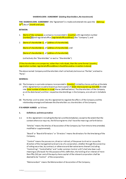 company shareholder agreement - define rights and obligations of shareholders template
