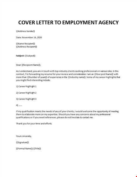 cover letter to employment agency template