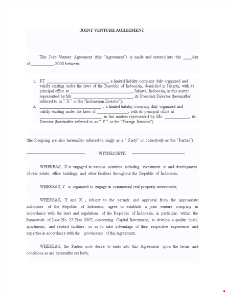 joint venture agreement form template template