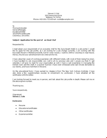 head chef position cover letter template