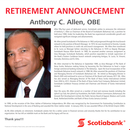 retirement announcement template - branch | allen | scotiabank | bahamas template