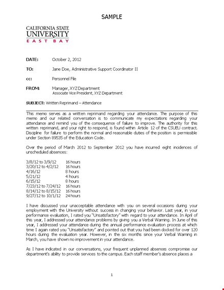 written letter of reprimand for attendance hours - effective reprimand template