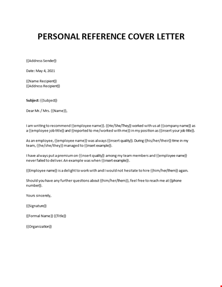 personal reference cover letter template
