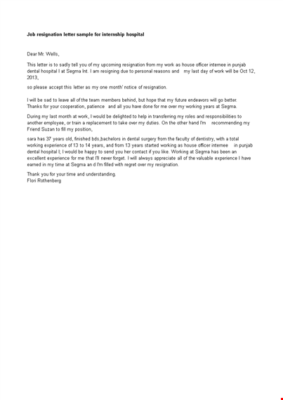 hospital internship resignation letter template