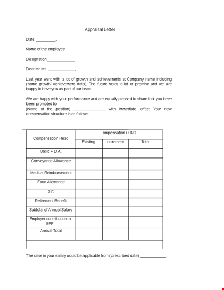 example appraisal letter template for compensation and growth template