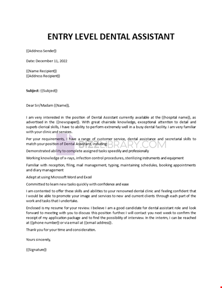 dental assistant cover letter entry level template