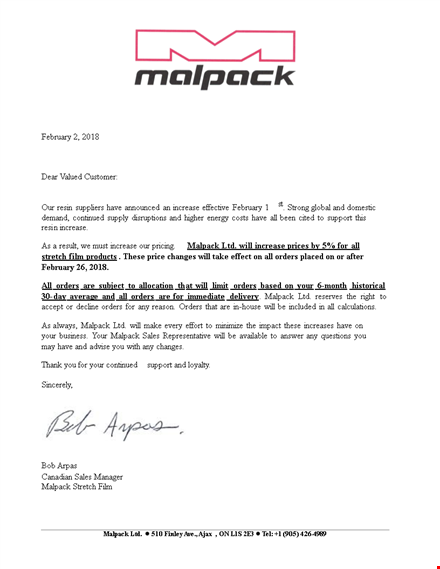 important: price increase letter for your orders - malpack updates template