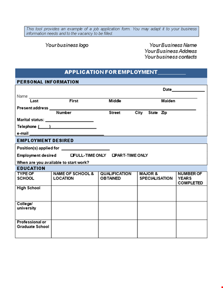 employment application template | company name | address template