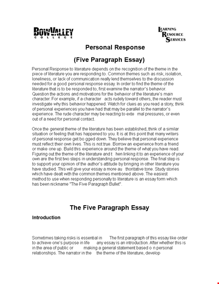 personal response essay sample - analyzing the power of literature and crafting engaging paragraphs template