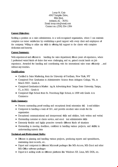 sample sales administrative resume template