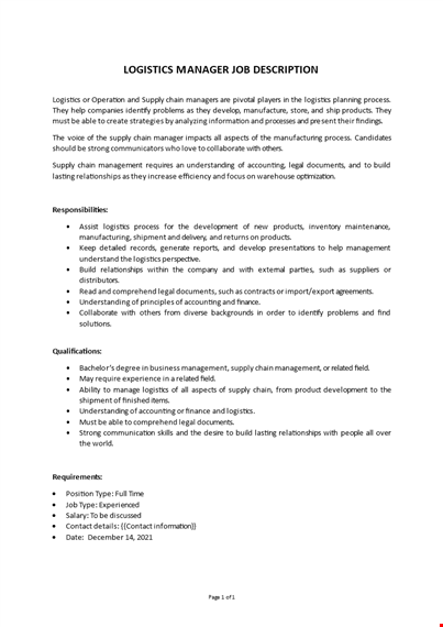 logistics manager job description template