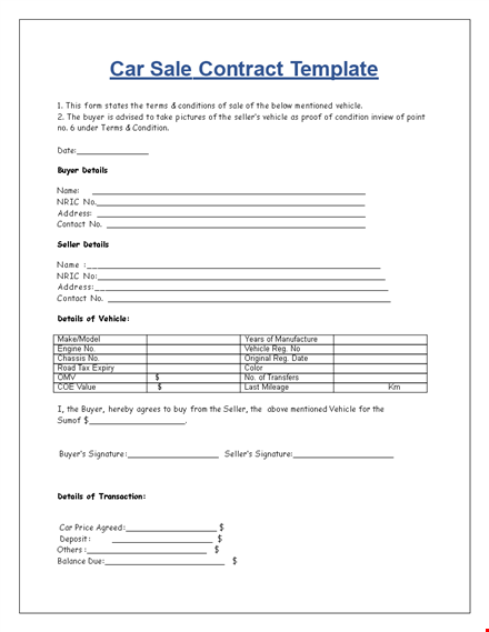 buyer and seller agreement for vehicle purchase - signatures required template