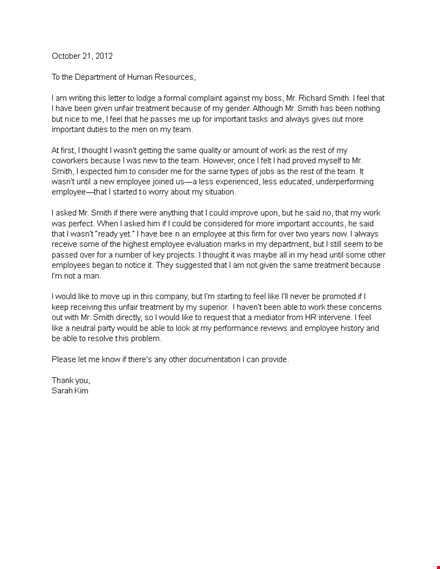 effective grievance letter for employee complaints | smith's treatment template
