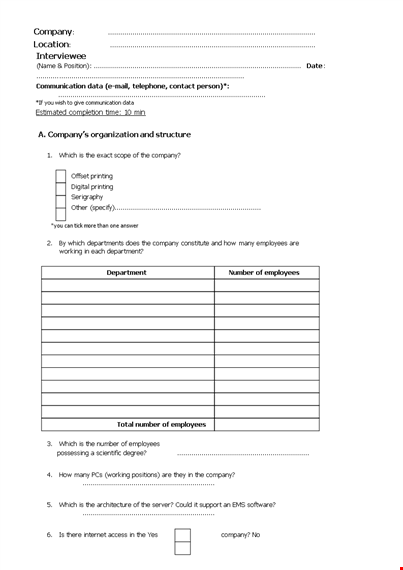 sample market survey questionnaire - company, management, employees, system, environmental template