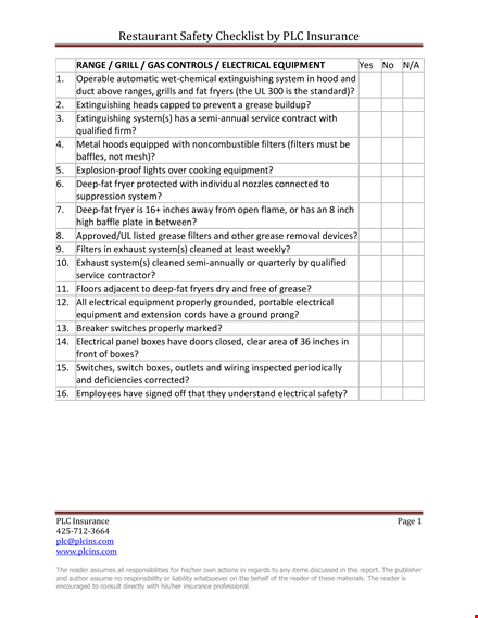 restaurant safety checklist template - ensure safe practices | insurance, reader, plcins template