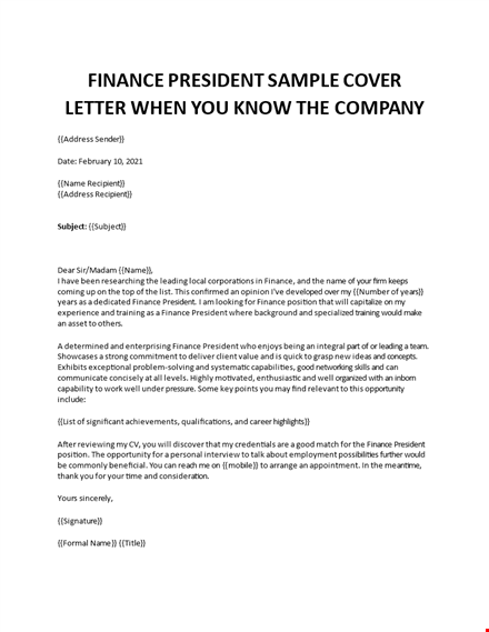 finance president sample cover letter template