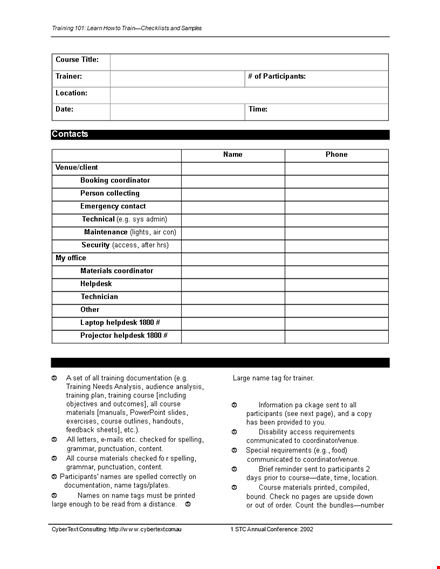 training checklists template - easily manage training courses & participants in pdf format template