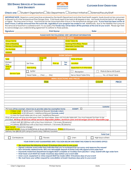 order form for customer event - request linen & event services template