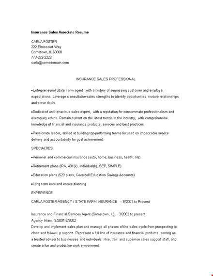 insurance sales associate resume template