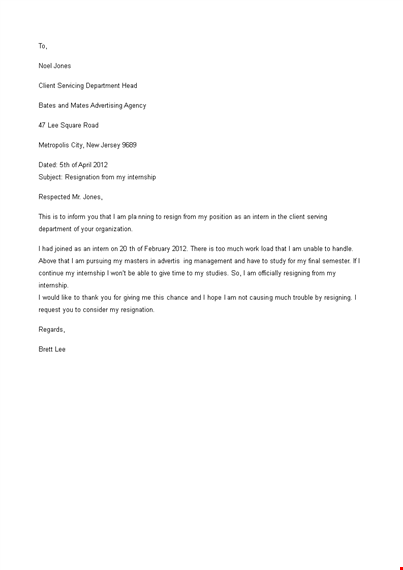 editable internship resignation letter template