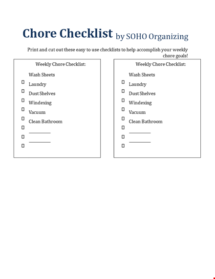 printable chore checklist template - weekly chore sheets template