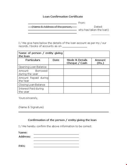 loan confirmation letter template template