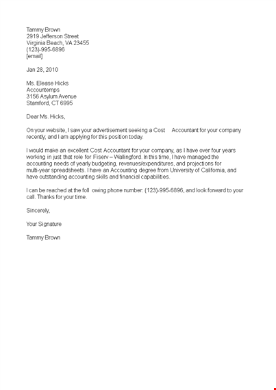 cost accountant job application letter template