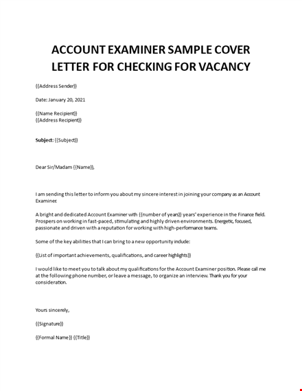 financial examiner job application letter template