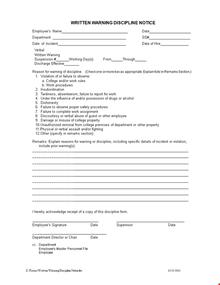 employee disciplinary action form - warning and discipline in department template