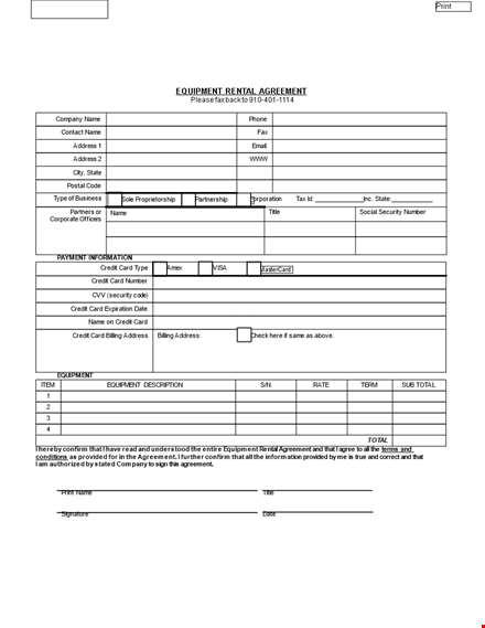 equipment lease agreement form sample template