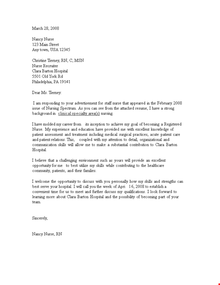 sample job application letter for nurse at barton clara hospital template