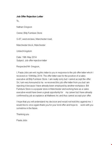 job offer rejection letter template - decline employment offer | manchester store template