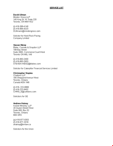sample service list template template