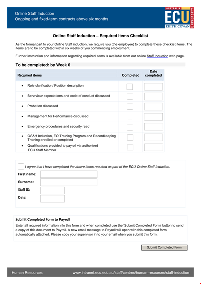 online staff induction checklist template | streamline completion of items template