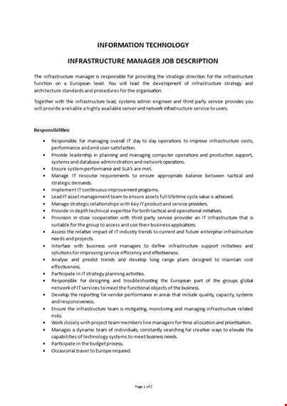 information technology infrastructure manager job description template