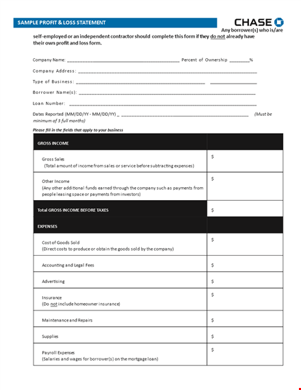 profit and loss statement: bank, business, taxes, total income template