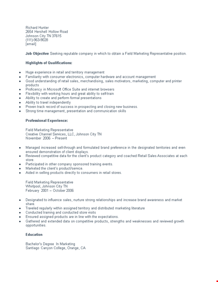 field marketing representative resume template