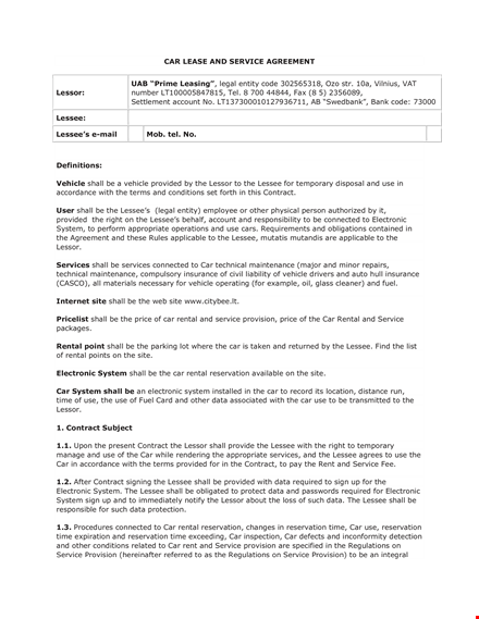 private car lease agreement template template