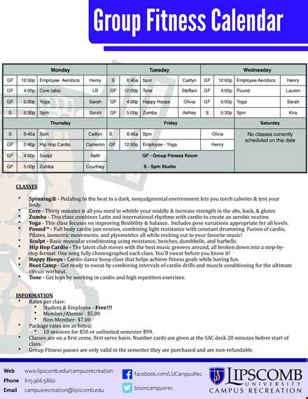 group fitness calendar template| plan your cardio workouts template