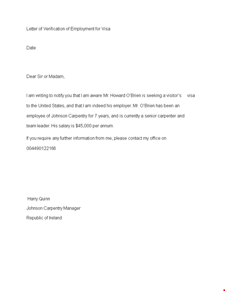 proof of employment letter for johnson brien | carpentry template