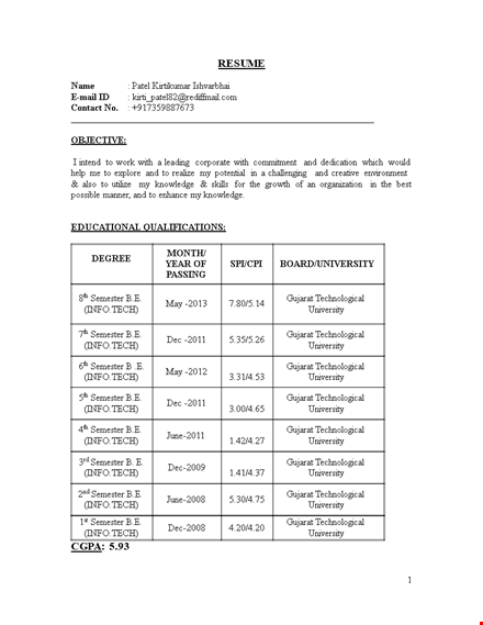 engineering fresher resume: university, semester | download template template