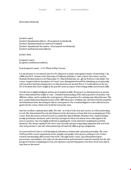 professional letter of recommendation for graduate school template