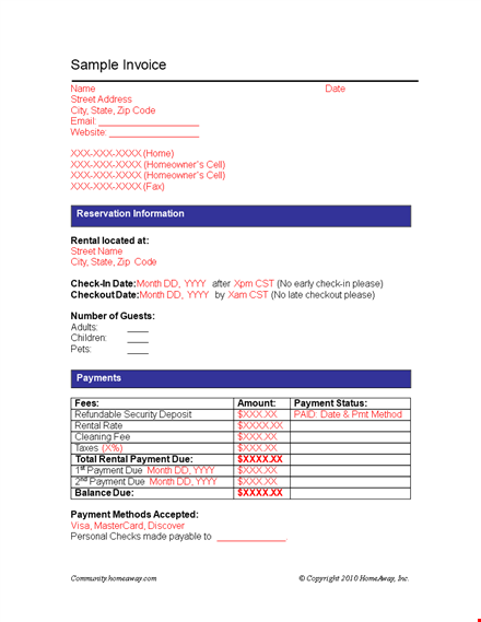 sample receipt for vacation rental booking and payment - homeowner solution template