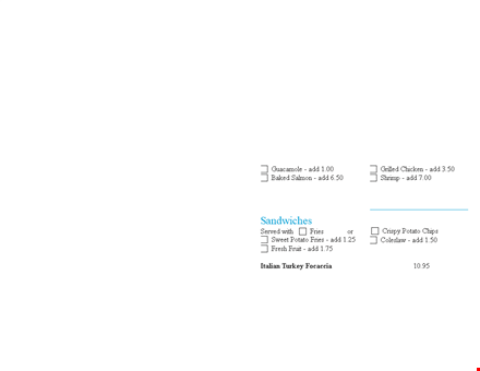 pool menu order sheet template template